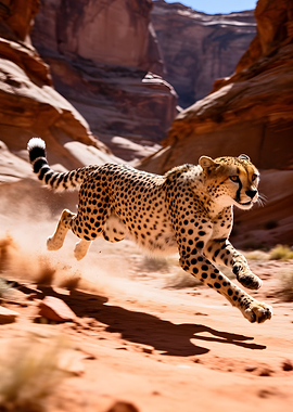 Cheetah running through a desert canyon