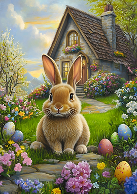 Floral Easter Bunny Garden Spring Painting