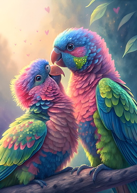 Two colorful parrots in love