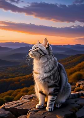 Cat on a mountain at sunset