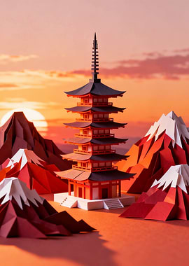 Papercraft Pagoda and Mountains at Sunset