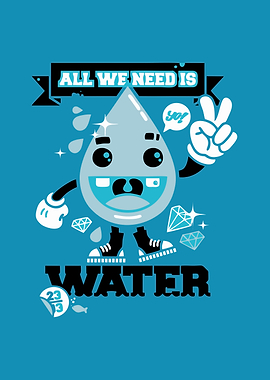 Water Drop Character with 'All We Need Is Water' Text