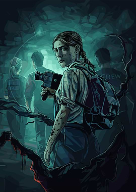 Woman with camcorder in dark forest