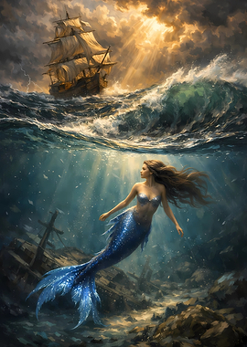 Mermaid and Ship in Stormy Seas