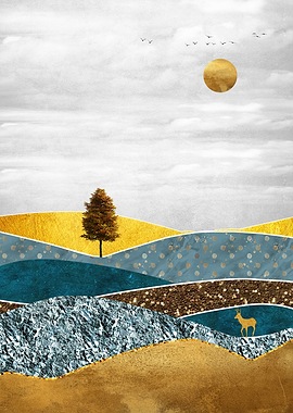 Abstract Landscape with Deer and Tree