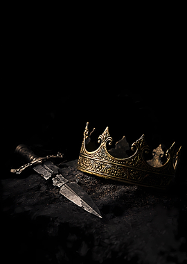 Broken Sword and Crown on Dark Surface