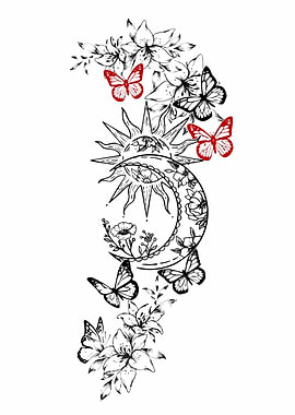 Celestial Sun and Moon with Butterflies