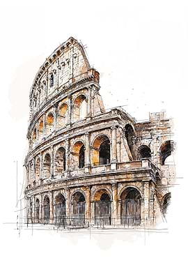 Colosseum Sketch with Watercolor Splashes