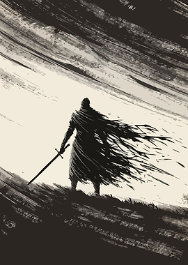 Warrior with Sword in Dramatic Landscape