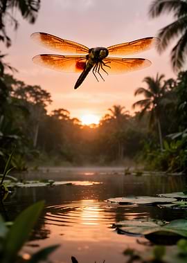 Dragonfly at Sunset Over Tropical Lake