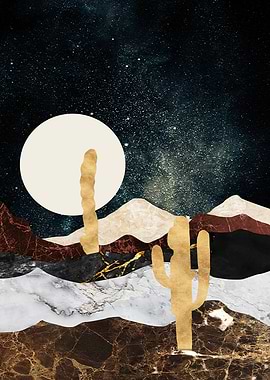 Desert Night Landscape with Cacti and Moon