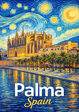 Palma Spain Cathedral Starry Night Painting