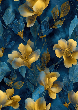 Golden Flowers on Dark Blue Background