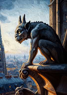 Gargoyle overlooking a city at sunset