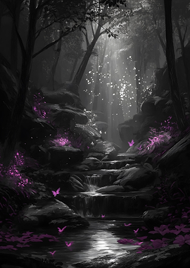 Enchanted Forest Waterfall with Butterflies