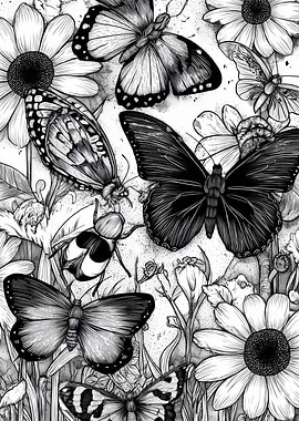 Black and White Butterfly and Flower Illustration