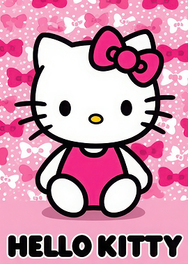 Adorable Hello Kitty illustration with pink bows and polka dots