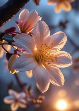 Delicate White Cherry Blossoms at Sunset