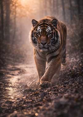 Tiger walking on a forest path