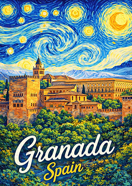 Granada Spain Starry Night Painting
