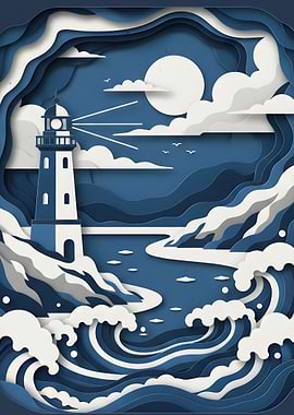 Paper Cut Lighthouse Scene