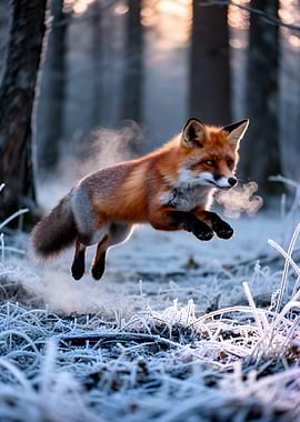 Fox jumping in frosty forest