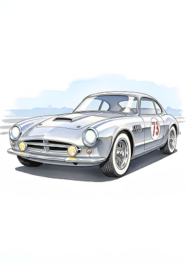 Vintage Silver Race Car Illustration