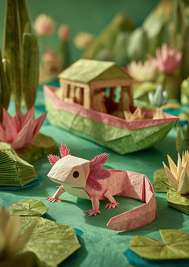 Origami Axolotl and Boat Scene