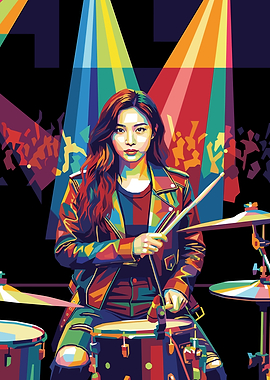 Woman drummer in colorful pop art style