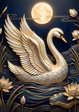 Golden Swan with Moon and Lotuses