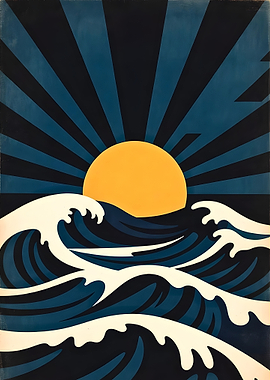 Sunrise Over Stylized Ocean Waves