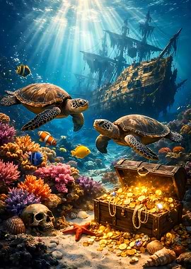 Underwater Treasure Chest with Turtles