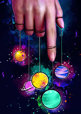 Hand controlling planets like puppets