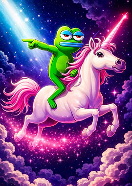 Pepe the Frog Riding a Unicorn in Space