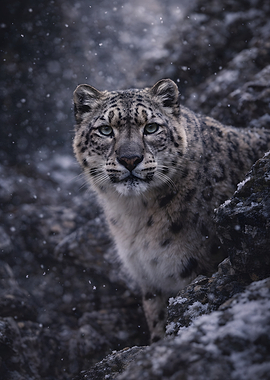 Snow Leopard in Snowy Mountains