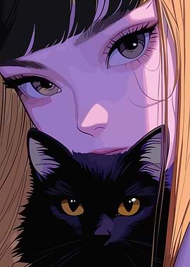 Anime Girl with Black Cat