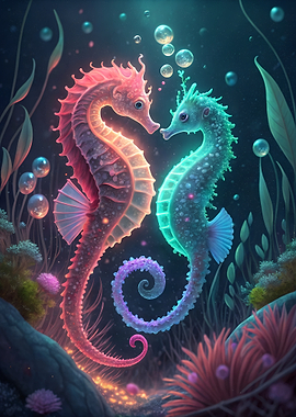Two glowing seahorses in the ocean