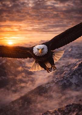 Bald Eagle Soaring Over Mountains at Sunset