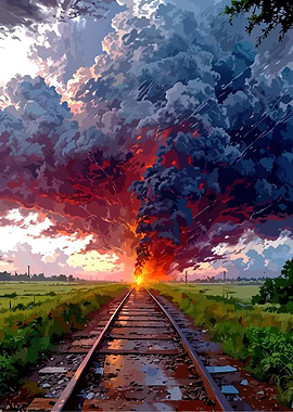 Train Tracks Towards Fiery Sky