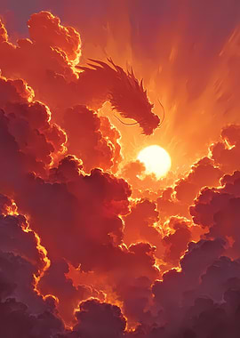Dragon in Fiery Sunset Clouds