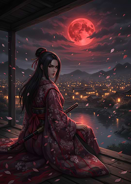 Samurai Woman Under Red Moon
