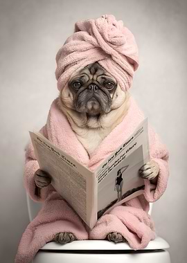 Pug Reading Newspaper on Toilet