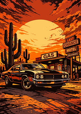 Retro Desert Gas Station and Car