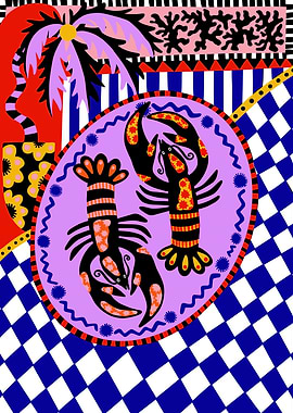 Two Lobsters in a Psychedelic Pattern