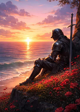 Knight contemplating sunset by the sea
