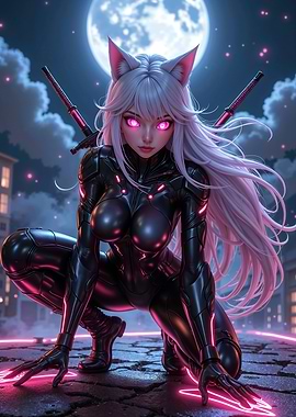 Sexy Anime Cyberpunk Cat Girl with Swords