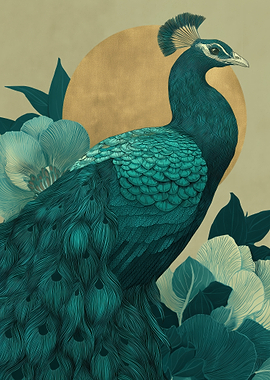 Peacock with Golden Sun and Flowers