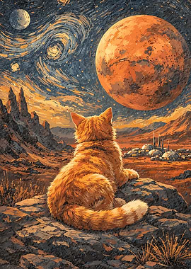 Cat looking at Mars and space