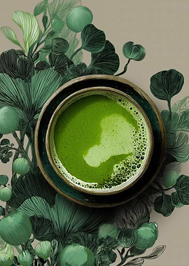 Matcha tea with botanical elements