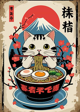 Cat Eating Ramen with Mount Fuji